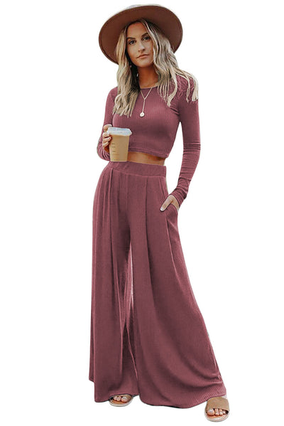 Solid Color Ribbed Crop Top Long Pants Set-Loungewear-MomFashion