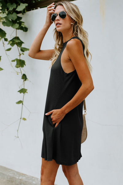 Black Crisscross Cut-out Back Knit Sleeveless Dress-Dresses-MomFashion