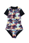 Beach Sunset Zip Front Half Sleeve One Piece Swimsuit-Swimwear-MomFashion