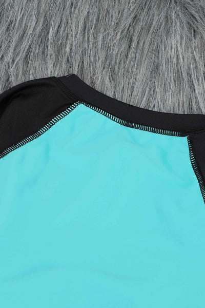 Blue Color Block Zipper Long Sleeve Rash Guard Swimwear-Swimwear-MomFashion