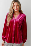 Pitaya Pink Buttoned V Neck Chest Pocket Velvet Shirt-Tops/Blouses & Shirts-MomFashion