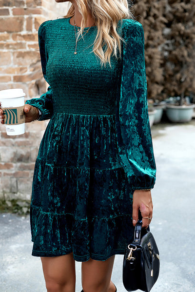 Green Velvet Smocked Puff Sleeve Ruffle Mini Dress-Dresses-MomFashion