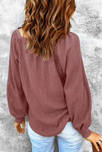 Square Neck Puff Sleeve Waffle Knit Top-Tops-MomFashion