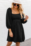 Black Suede Square Neck Puff Sleeve Dress-Dresses-MomFashion