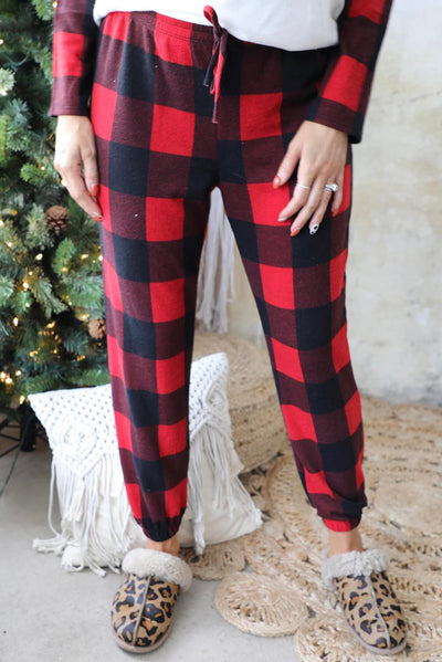 Red Plaid Raglan Sleeves Top and Drawstring Pants Lounge Set-Loungewear-MomFashion