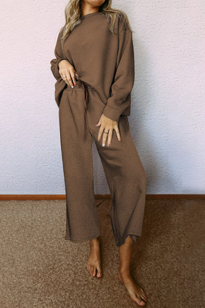 Dark Brown Ultra Loose Textured 2pcs Slouchy Outfit-Loungewear-MomFashion