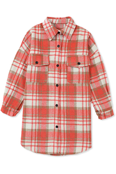 Plaid Flap Pocket Long Sleeve Shacket-Outerwear-MomFashion