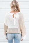 Oatmeal Mixed Pattern Knit Tie Keyhole Drop Shoulder Sweater-Tops-MomFashion