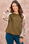 Brown Floral Patchwork Puff Sleeve Textured Blouse-Tops-MomFashion