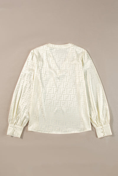 Oatmeal Geometric Jacquard V Neck Bishop Sleeve Blouse-Tops/Blouses & Shirts-MomFashion