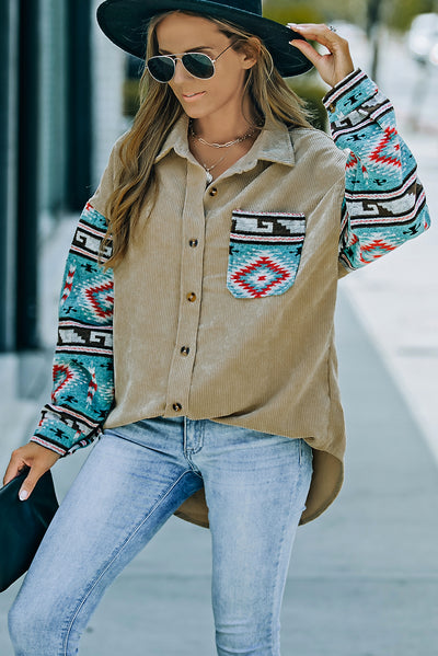 Khaki Aztec Pattern Sleeve Pocketed Corduroy Shacket-Outerwear-MomFashion