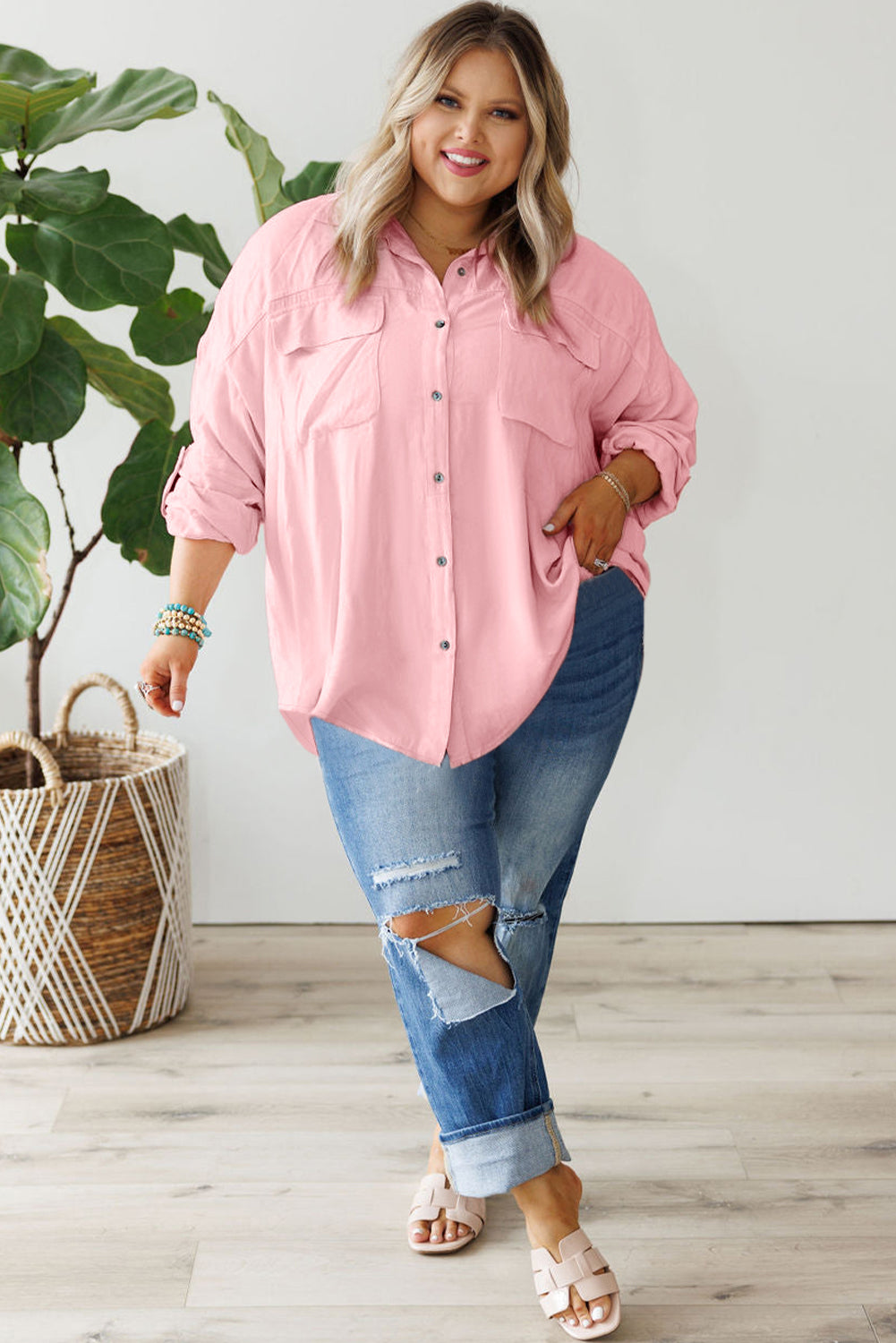 Pink Flap Pocket Tab Sleeve Button-Down Plus Size Shirt-Plus Size-MomFashion