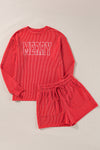 Racing Red Corded MERRY Graphic Long Sleeve Top and Shorts Set-Two Piece Sets/Short Sets-MomFashion