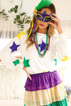 White Mardi Gras Star Printed Long Sleeve Top-Tops-MomFashion