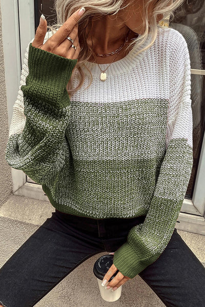 Pickle Green Color Block Drop Shoulder Ribbed Trim Sweater-Tops-MomFashion