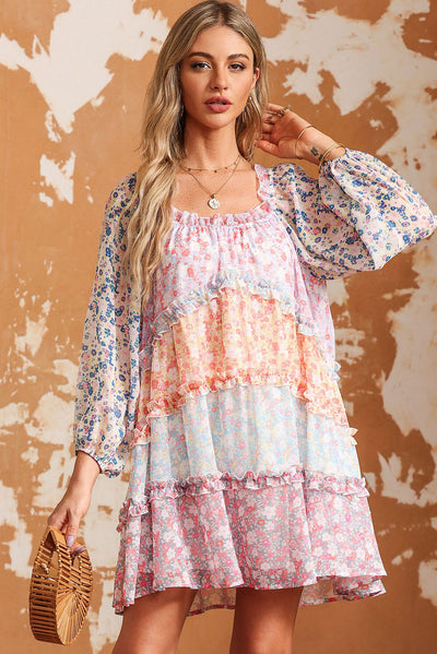 Sky Blue Floral Colorblock Tiered Puff Sleeve Dress-Dresses-MomFashion