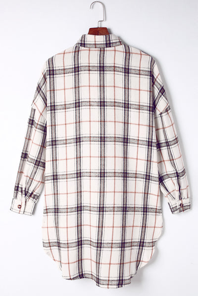 White Oversized Plaid Pattern Shacket with Slits-Outerwear-MomFashion