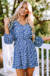 Blue Sky Blue/Blue/Apricot V Neck Lantern Sleeves Floral Tunic Dress-Dresses-MomFashion