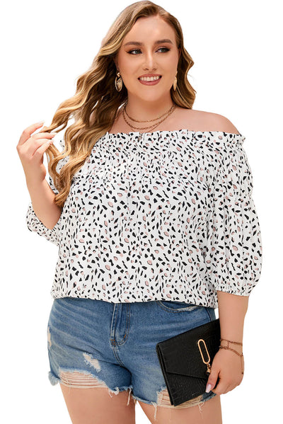 Cheetah Spotted Plus Size Off Shoulder Blouse-Plus Size-MomFashion