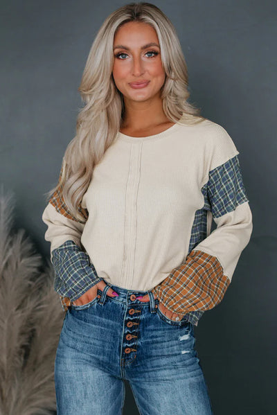 Smoke Gray Plaid Patchwork Raw Seam Long Sleeve Top-Tops-MomFashion