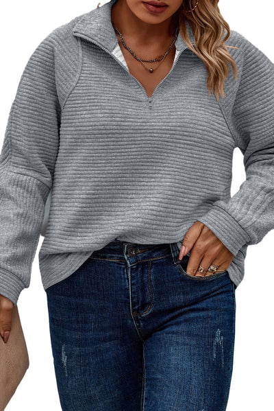 Light Grey Quarter Zipper Collared Ribbed Knit Plus Size Top-Plus Size-MomFashion