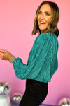 Sea Green Pleated Luster Long Sleeve Top-Tops-MomFashion