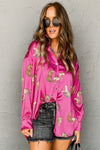 Rose Cheetah Animal Print Button Up Satin Shirt-Tops-MomFashion