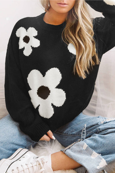 Black Big Flower Pattern Knit Sweater-Tops-MomFashion