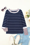 Blue Extend Color Block Cuffs Rib Knit Striped Pullover-Tops-MomFashion