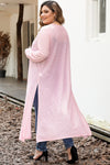 Pink Sheer Knitted Long Side Slit Plus Size Cardigan-Plus Size-MomFashion