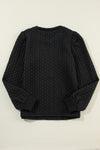 Black Cable Textured Puff Sleeve Sweatshirt-Tops-MomFashion