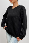 Black Cable Textured Puff Sleeve Sweatshirt-Tops-MomFashion