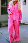 Rose Pleated Long Sleeve Shirt and Wide-Leg Pants Set-Loungewear-MomFashion