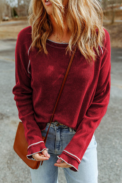 Fiery Red Textured Round Neck Long Sleeve Top-Tops-MomFashion