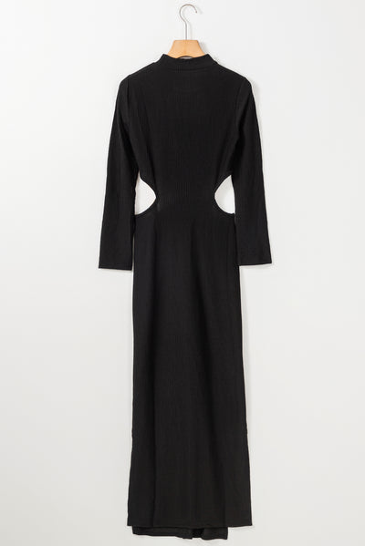 Black Ribbed Twist Cutout Long Sleeve Dress-Dresses-MomFashion