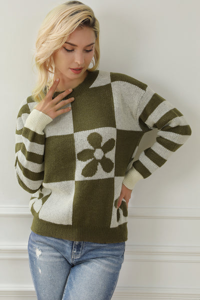 Green Checkered Floral Print Striped Sleeve Sweater-Tops-MomFashion