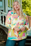 Yellow Plus Size Abstract Print Loose Tunic Shirt-Plus Size-MomFashion