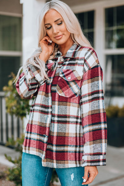 Fiery Red Geometric Plaid Print Pocketed Shacket-Outerwear-MomFashion