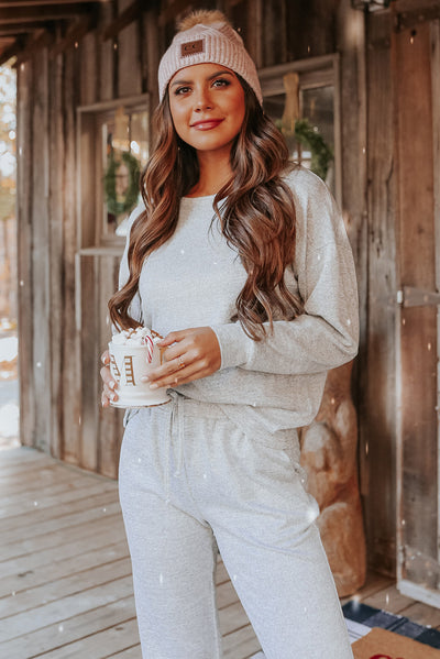 Gray Long Sleeve Pullover and Jogger Pants Lounge Set-Loungewear-MomFashion