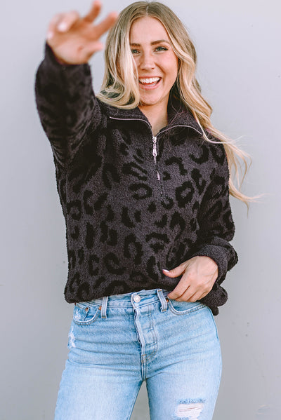 Leopard Animal Print Zipped Collared Sweater-Tops-MomFashion