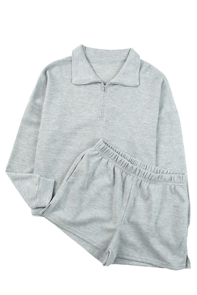 Gray Ribbed Zipper Sweatshirt and High Waist Shorts Set-Loungewear-MomFashion