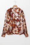 Brown Frilled V Neck Bubble Sleeve Floral Blouse-Tops-MomFashion