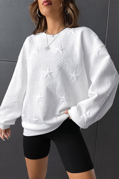 White Star Embossed Textured Drop Shoulder Sweatshirt-Tops-MomFashion