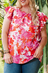 Rose Ruffle Tiered Sleeve Frill Neck Floral Plus Size Blouse-Plus Size-MomFashion