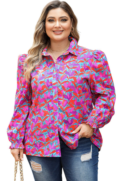 Multicolour Plus Size Floral Print Ruffled Puff Sleeve Shirt-Plus Size-MomFashion