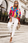 Multicolor Abstract Print Smocked Puff Sleeve Blouse-Tops-MomFashion