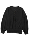 Black Drop Shoulder Henley Buttons Sweatshirt-Tops-MomFashion