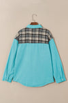 Sky Blue Plaid Patchwork Pockets Denim Jacket-Outerwear-MomFashion