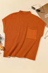 Gold Flame Patch Pocket Ribbed Knit Short Sleeve Sweater-Tops-MomFashion