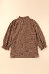 Brown Frilled Neck 3/4 Sleeves Cheetah Blouse-Tops-MomFashion